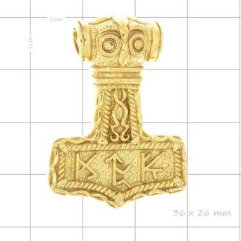 Thors Hammer mit Runen auf Vorderseite in 925 Silber vergoldet