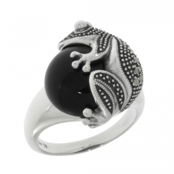 esse - Froschring 925 Silber Onyx Markasite